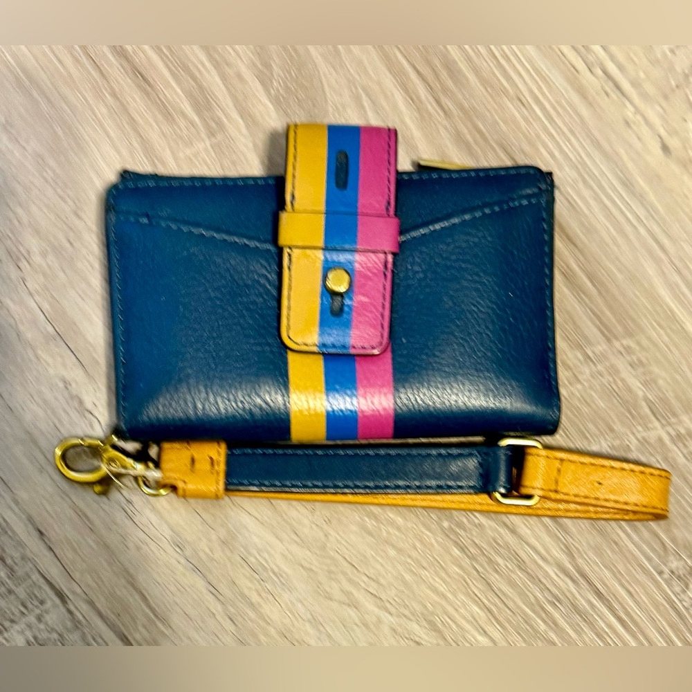 Fossil - Leather Wristlet Wallet, Blue with vibrant pink and yellow stripes.